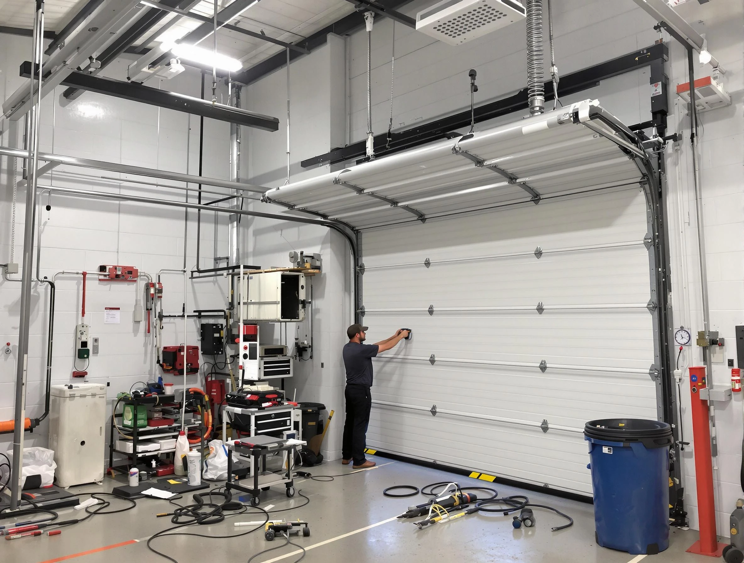 Lindon Garage Door Repair certified technician performing commercial door repair at a Lindon business facility