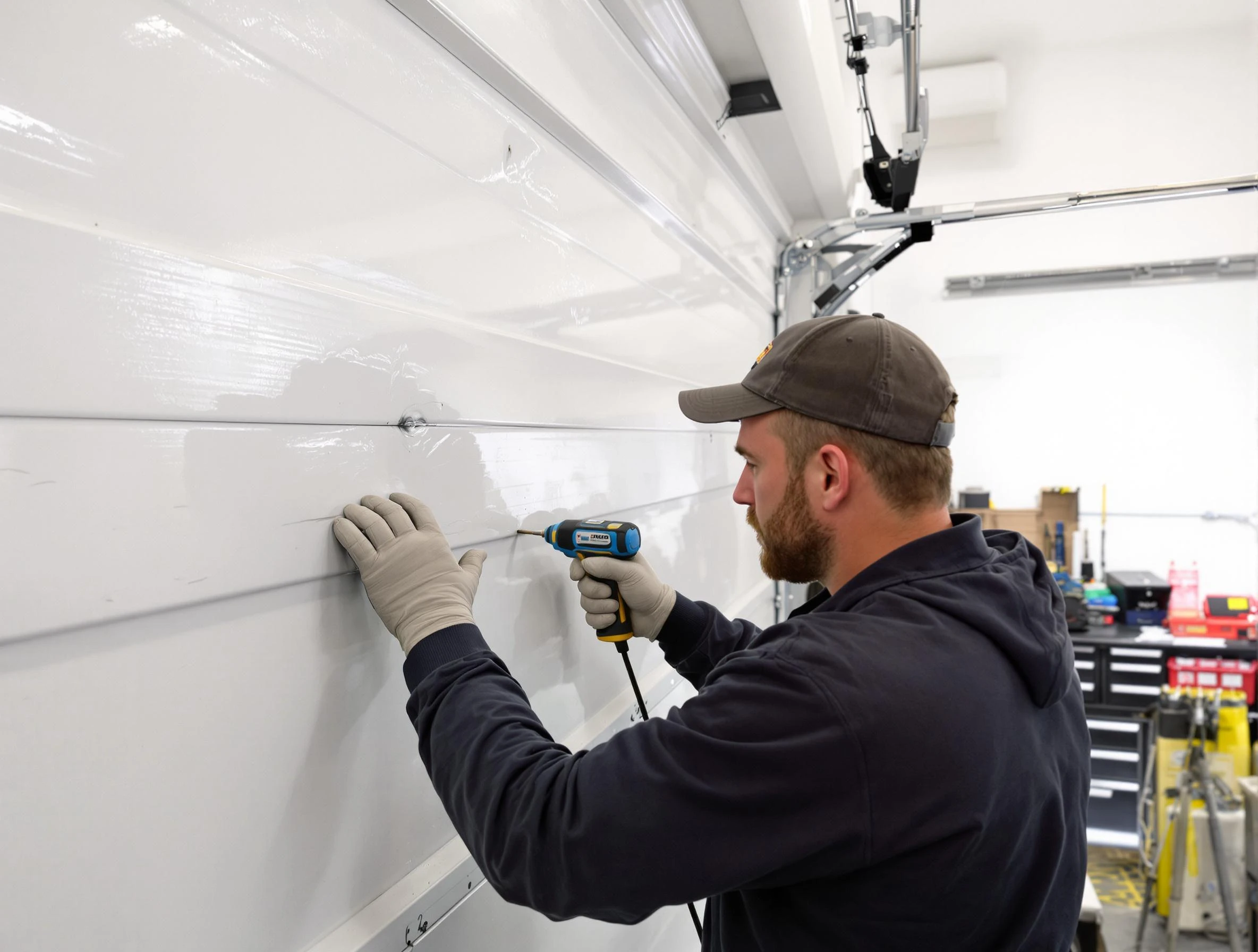 Lindon Garage Door Repair technician demonstrating precision dent removal techniques on a Lindon garage door